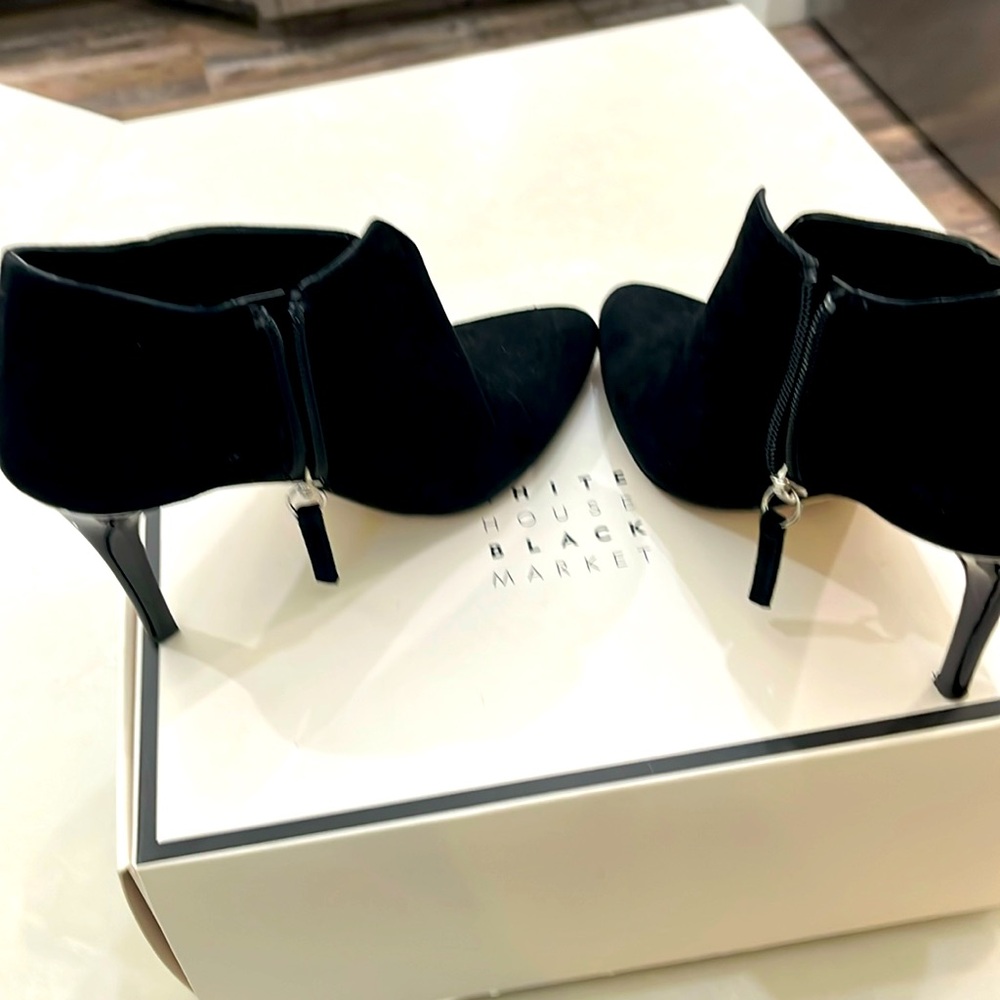 WHBM- MILA  Black Suede Shootie, Shiny Heel with Metallic Accent. Size 6.5